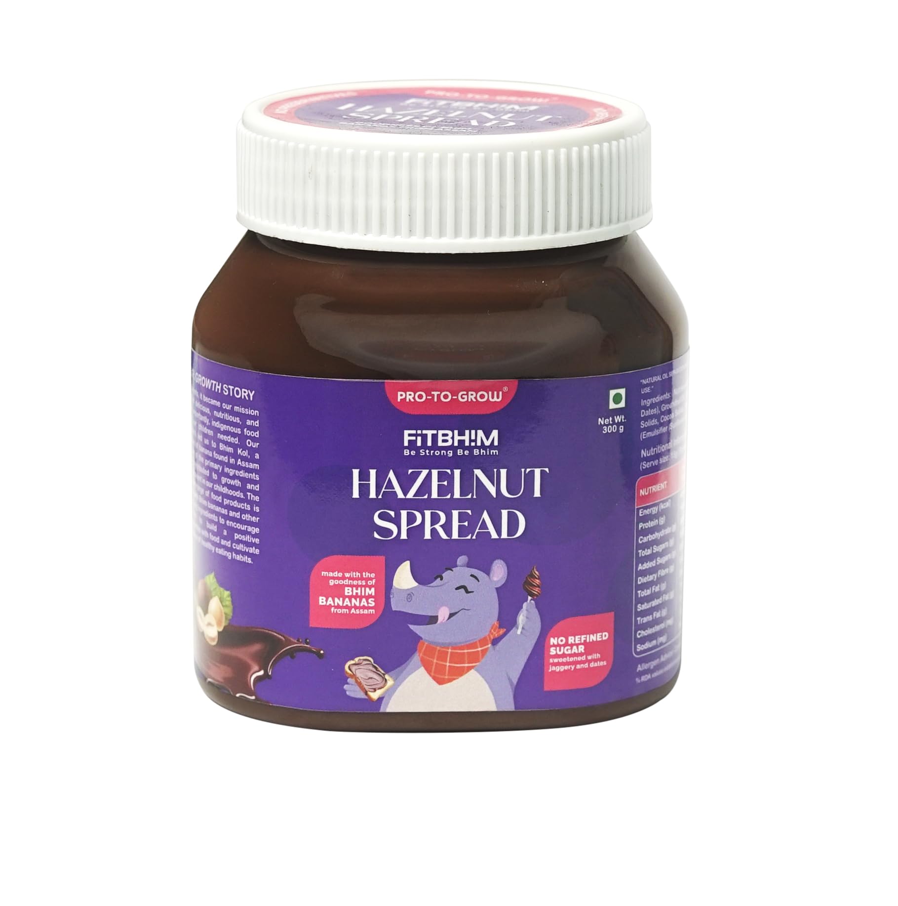 Pro To Grow FitBhim Hazelnut Spread 300g | Enriched with Bhim Banana, Hazelnut & Cocoa | Sweetened with Jaggery & Dates | No Refined Sugar, No Palm Oil & Preservatives