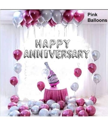 Pixelfox Happy Anniversary (16 Silver Foil Letters) + 1 Pink Bottle + 30 Metallic Balloons Combo (Silver , Pink) for happy birthday decoration item, birthday decoration kit, birthday balloon decoration combo for husband and Wife.