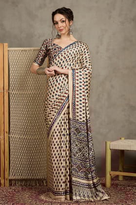 Beige Ajrak Crepe Block Print Sarees