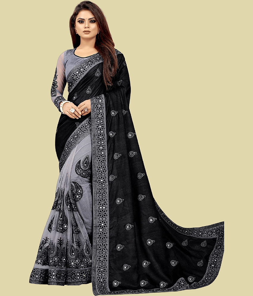 JULEE Silk Embroidered Saree With Unstitched Blouse Piece ( Black )