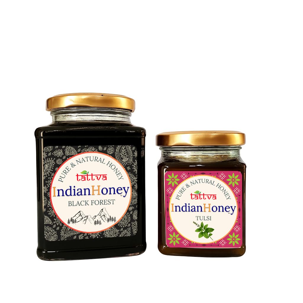 IndianHoney Black Forest (Honeydew) Honey & Ayurvedic & Stress-Relief Tulsi Infused Honey Combo Pack (500gm & 230gm) Black Forest & Tulsi