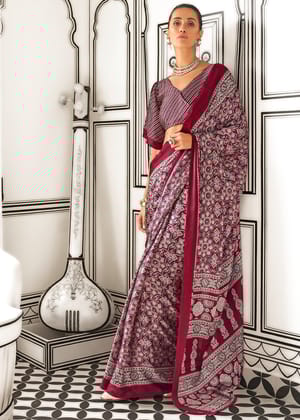 Maroon Red Satin Crepe Printed Saree