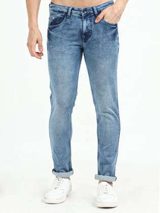 Men's Knitted Mid Blue Denim Slim Fit Jeans | Rick Rogue-30