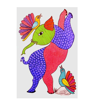 Handcrafted Gond  Elephant with Birds Painting | Traditional Tribal Folk Art of Madhya Pradesh