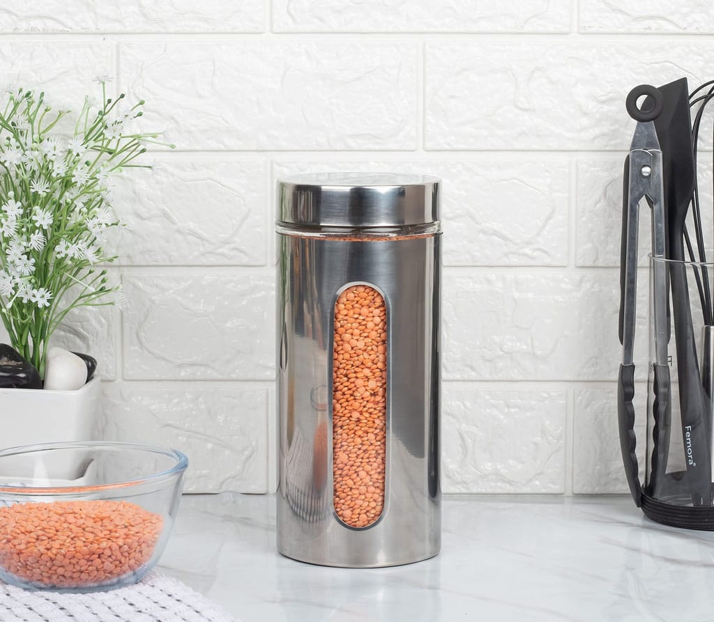 Femora Femora Glass Window Jars for Kitchen Storage Kitchen Storage Jars with Glass Window, 1300 ml, Set of 2