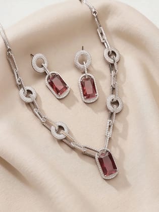 Silver Plated Ruby Red  AD Studded Cocktail Link Jewellery Set