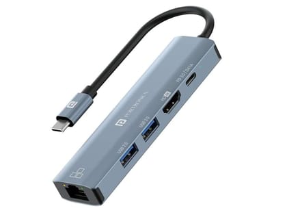 Portronics Mport 51 5-in-1 Type C HUB, Docking Station with RJ 45 Ethernet Port, 5Gbps Data Transfer, HDMI Port, USB 3.0, PD Quick Charge, 4K Ultra HD Data Quality - Grey