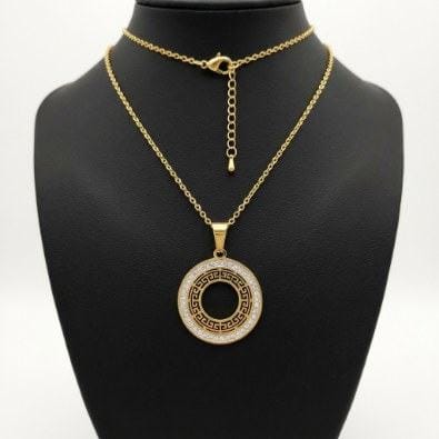 Greek Key Pavé Circle Pendant Necklace | Gold-Tone Anti-Tarnish Imitation Jewellery