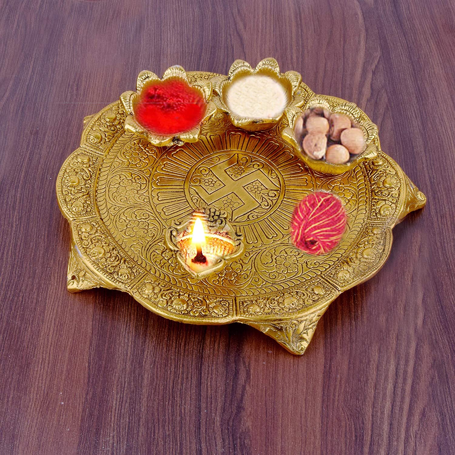 DreamKraft White Metal Gold Plated Pooja Thali Set (9x9x2.5 in, Gold)