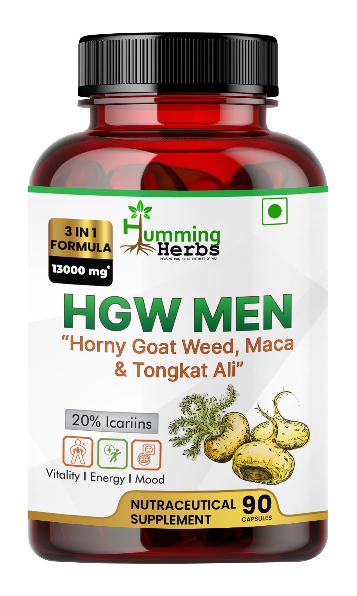Humming Herbs Horny Goat Weed Extract with Maca Root Powder 1000mg | Tongkat Ali | Supports Strength, Stamina, Performance, Energy, 90 Capsules
