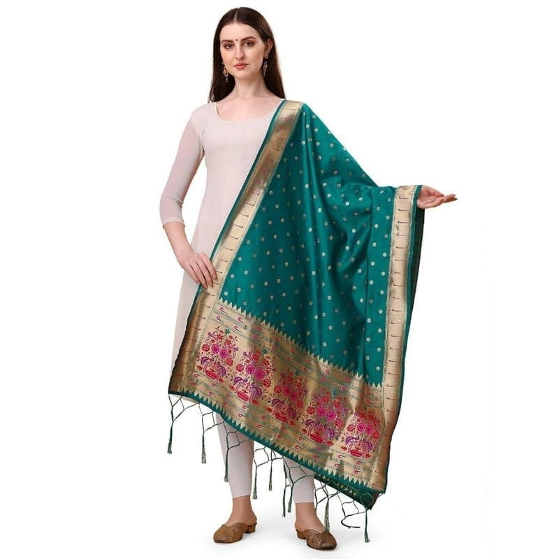 Women's Silk Pure Zari weaving Duppatta (Rama, Leangth: 2-2.3 Mtrs)-PID44923
