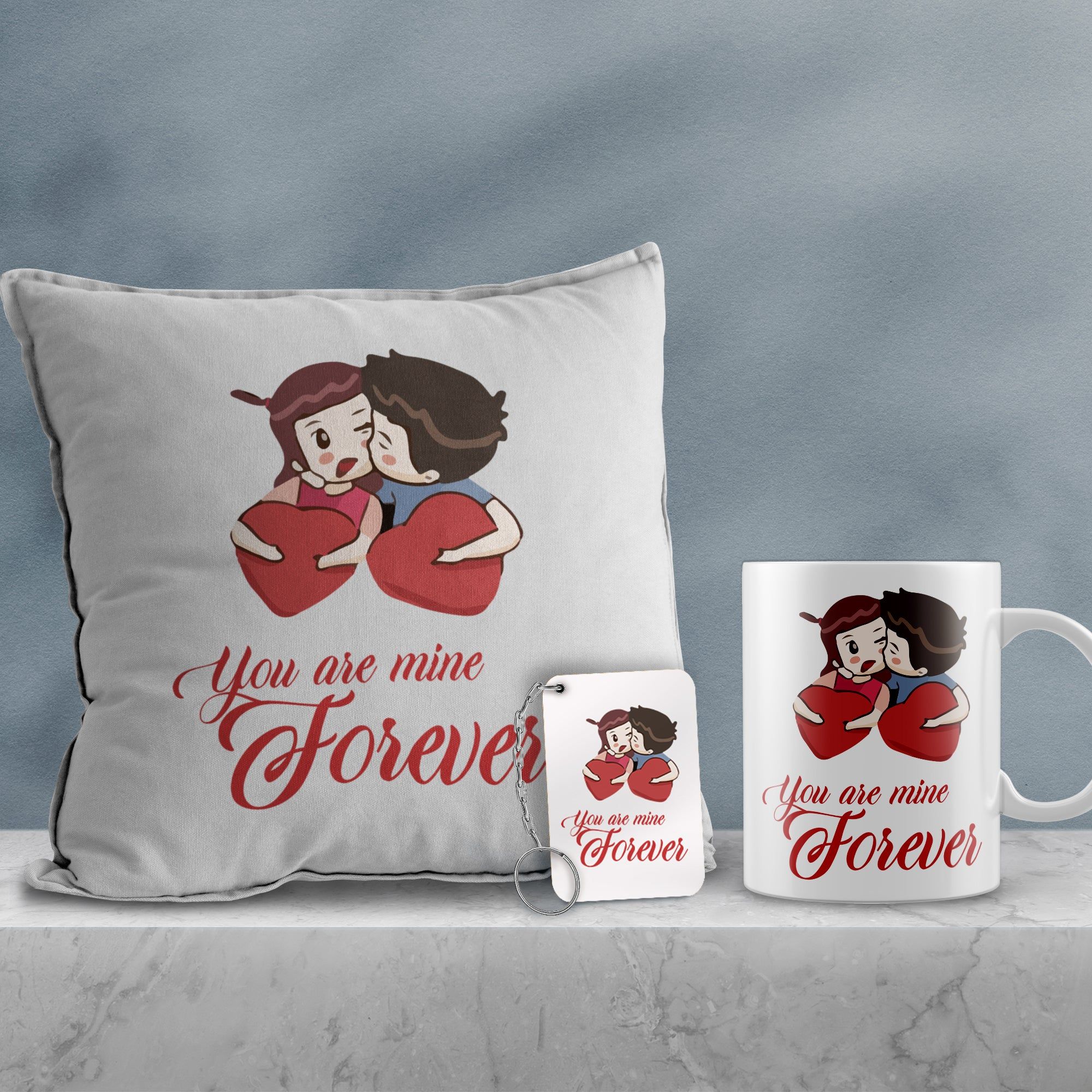 eCraftIndia Valentine Combo of Colorful "You are mine forever" Cushion & Mug With Keychain Gift Set