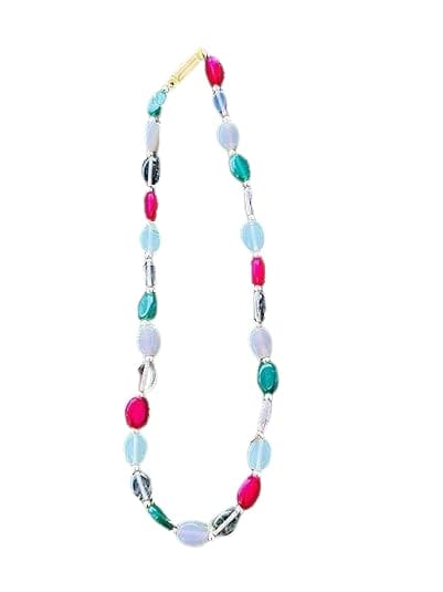 Handcrafted Multi-Gemstone Beaded Necklace, Green, Red, Gray, Mint with Gold Accents, Oval Stone Design