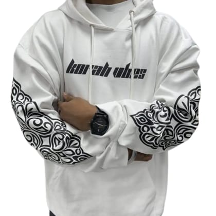 Ami Bolchi Korah Vibes White Hoodie for Men  Tribal Sleeve Print Streetwear Winter Sweatshirt