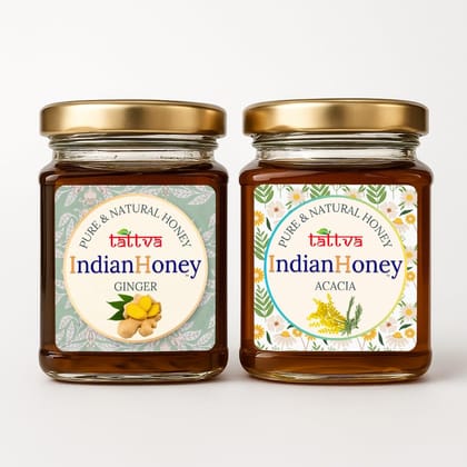 IndianHoney Rajasthan Acacia Honey & Warming & Anti-Inflammatory Ginger Infused Honey Combo Pack (230gm & 230gm) IndianHoney Rajasthan Acacia Honey & Warming & Anti-Inflammatory Ginger Infused Honey Combo Pack (230gm & 230gm)