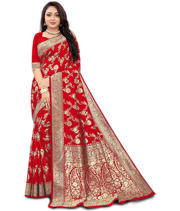 kedar fab Jacquard Embellished Saree With Unstitched Blouse Piece ( Red )