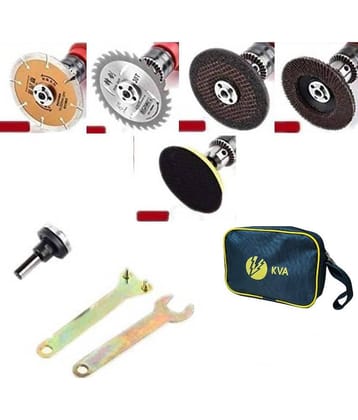 KVA Electric Drill Variable Angle Grinder Connecting Rod with KVA Bag and1pc Wood, Marble Cutting Blade, Flap Disk for Paint Remover, Sanding disc and Iron Grinding Wheel