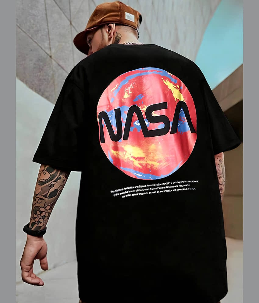 LEWEL Cotton Blend Oversized Fit Printed 3/4th Sleeves Men's Round T-Shirt - Black ( Pack of 1 )