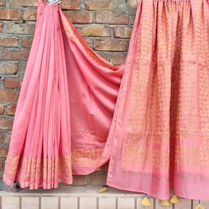 Blissful Chanderi Silk Hand Applique Pink Saree