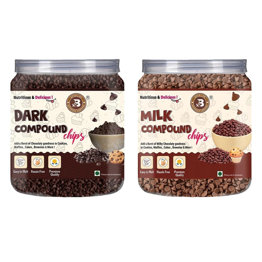 Brew Lab Dark Chocolate Chips & Milk Chocolate Chips | for Cake toppings Cooking & Baking Chips for Cakes, Cookies, Brownies, Muffins, Pancakes | Decoration & Baking | 500 gm x 2
