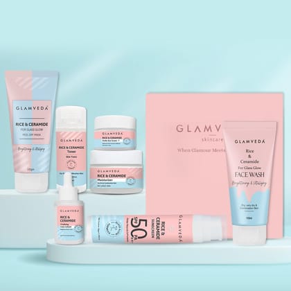 Glamveda Korean 7 Step Winter Skincare Kit for Women | Rice & Ceramide Routine | Gift Box | Skin Brightening, Anti-Ageing | Face Wash + Toner + Moisturizer + Serum + Mask + Sunscreen+ Under Eye Cream Glamveda Korean 7 Step Winter Skincare Kit for Women |