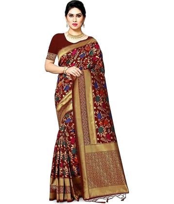 NENCY FASHION Banarasi Silk Self Design Saree With Unstitched Blouse Piece ( Maroon )