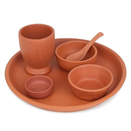 Sadhana Craftworks Terracotta Clay Dinner Set Traditional Thali with Serving Bowl Pickle Bowl Glass and Spoon Dining Plate Set