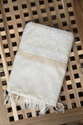 Chanderi Dupatta with Chikankari-White / Chanderi / Free Size