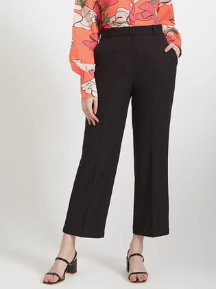 Women'S Luxury Banana Crepe Black Straight Fit Flap Pocket Trouser-28