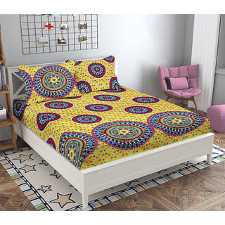 BLACK BEE  Jaipuri Mandala print on yellow base 3Ddouble bedsheet with 2 Pillow Covers (208 X 213 cm)(BS17-02)
