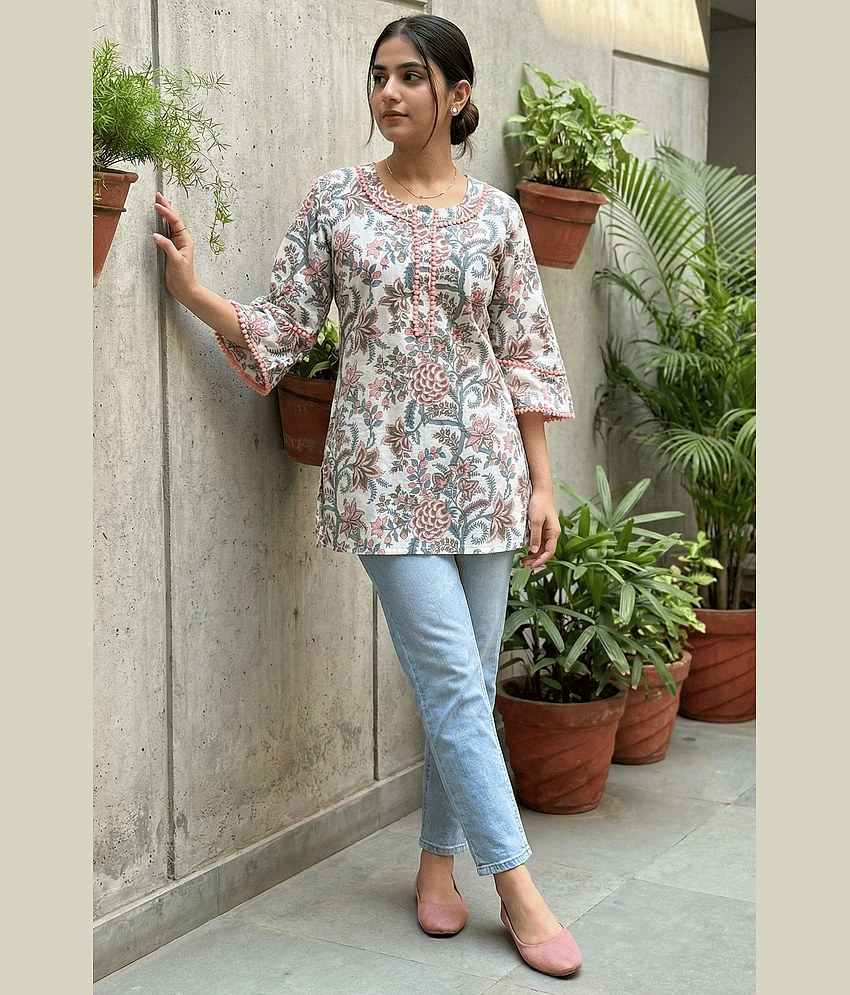 Rajnandini Women 100% Cotton Printed Straight Kurti ( White )