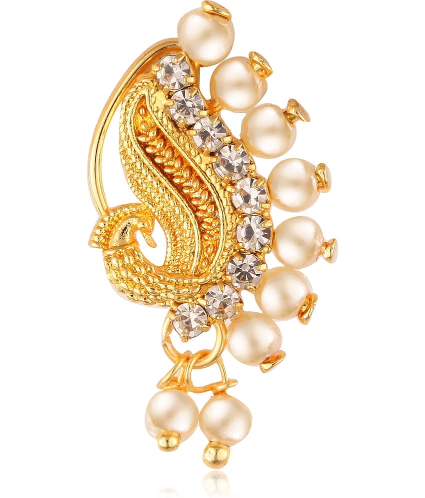 Vighnaharta Gold Plated with Peals Alloy and CZ stone Non Piercing Maharashtrian Nath Nathiya./ Nose Pin for women  [VFJ1080NTH-Press-White ]