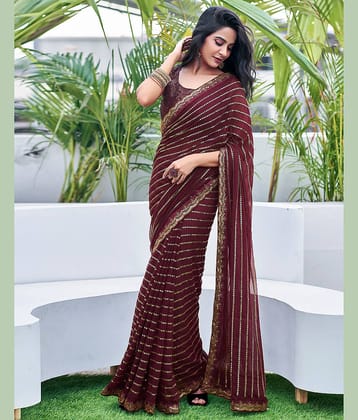 Satrani Georgette Embellished Saree With Unstitched Blouse Piece ( Brown )