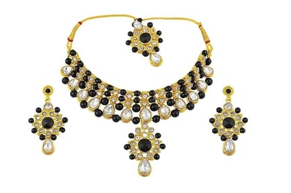 Gold Plated Kundan Necklace Set with Black Beads, White Stones, Earrings, Maang Tikka, Traditional Bridal Jewelry