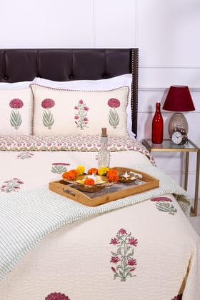 Dhatura Block Printed Dark Pink Cotton Quilted Bedcover-California King : 108 x 108 in / Dark Pink / Pink