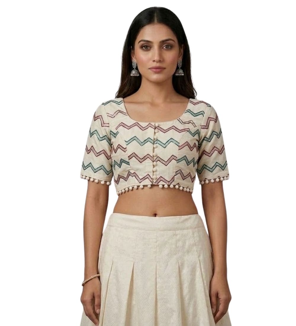 Women's Cotton Printed Half Sleeve Round Neck Padded Readymade Blouse (Cream, Size 38 - Self-Alterable 36–40)