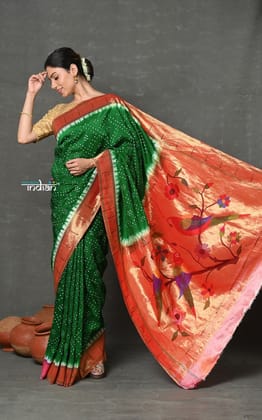 Tyohaar ~ Signature Weave! Handloom Pure Silk Muniya Border Paithani Saree with Bandhani Work Handcrafted Pallu ~ Green (Available in Lotus Pallu)