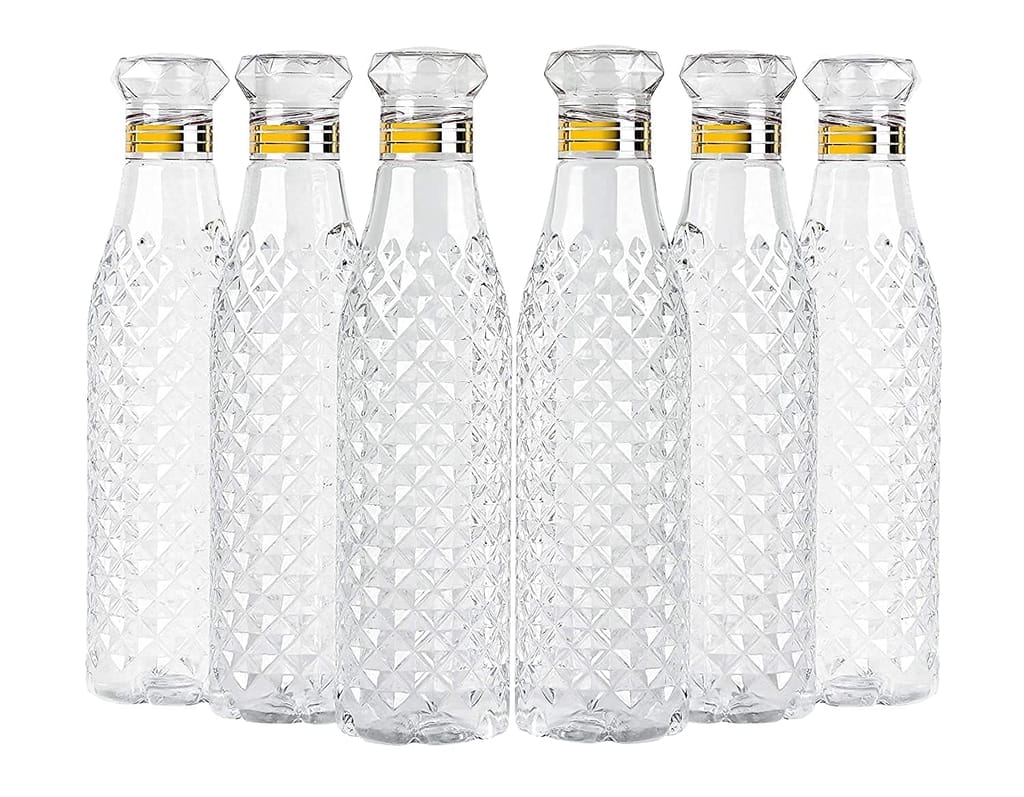 Diamond Pattern Transparent Plastic Water Bottle Set with Golden Cap - 6 Pieces