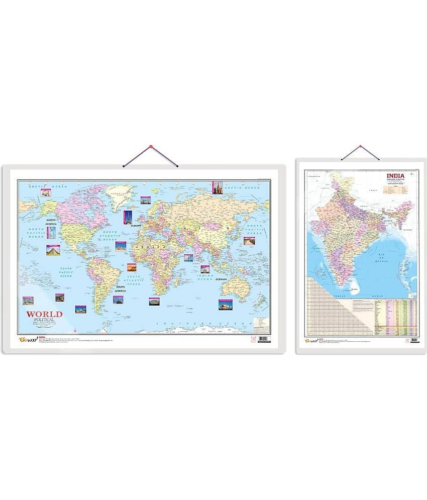 Set of 2 Indian Road Guide & Political and World Political Map Educational Charts | 20"X30" inch |Non-Tearable and Waterproof | Double Sided Laminated |Useful For Preparation Of SSC, UPSC, RRB, IES, and other exams