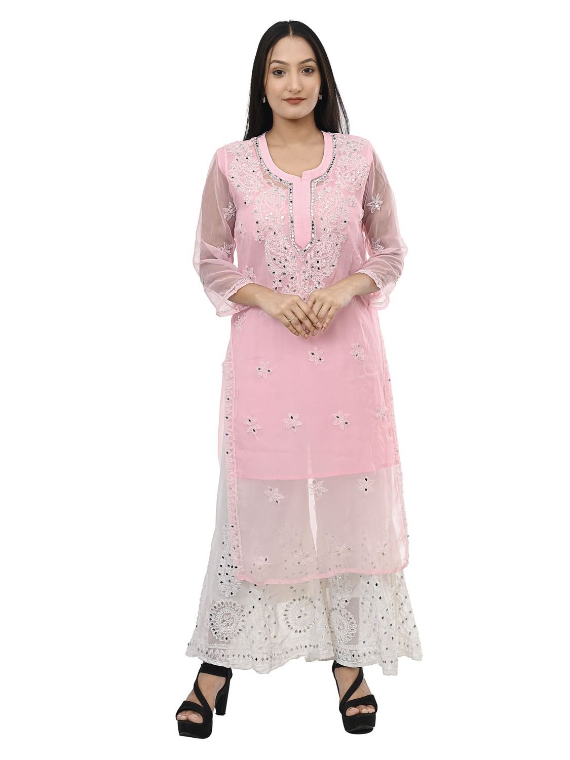 MRS RIGHT CHIKANKARI MIRROR EMBROIDERED KURTI SHARARA SET FOR WOMEN AND GIRLS