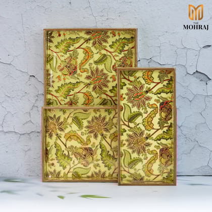 The Mohraj Indian Crafted Rectangular MDF Trays with Gold Foil Finish Set of 3  