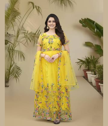 JULEE Women Net Flared Semi Stitched Ethnic Gown With Dupatta ( Yellow )