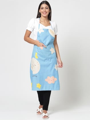 Blue & White Cartoon Printed Apron With 2 Patch Pockets