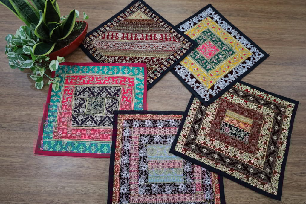 Traditional Indian Embroidered Cushion Cover Set, Cotton, 35x40 cm, Multicolour, Set of 5, Square Shape with Floral and Geometric Pattern