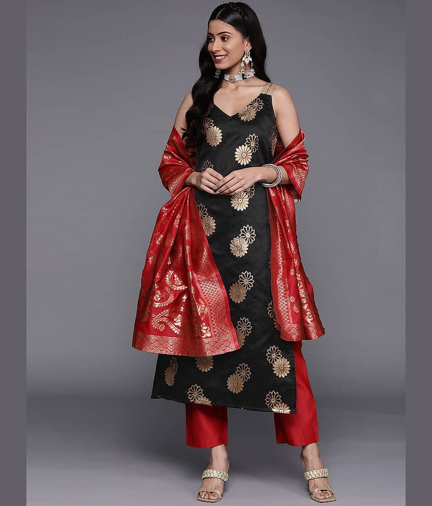 Varanga Silk Blend Printed Kurti With Pants Women's Stitched Salwar Suit - Black ( Pack of 1 )