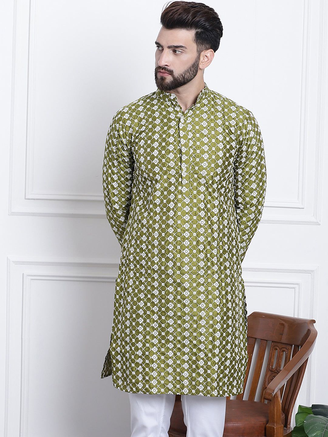 Men's Silk Blend Dark Green Embroidered ONLY Long Kurta-36