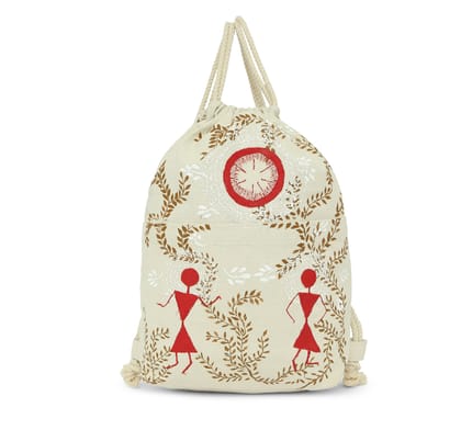 Tisser Hand Painted Warli Sack Bag Canvas 15x13x4.5cm