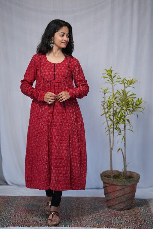 Rivaaj Ethnic Navya A-Line Kurta (Size M) | Red Cotton Fabric | Chudi Sleeves Round Neck | Traditional Indian Wear