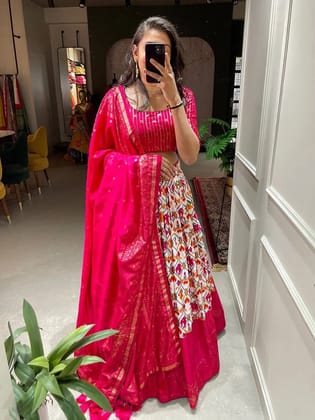 Dola Silk Patola Print with Foil work Navratri special Chaniya Choli (Stitched)-Pink