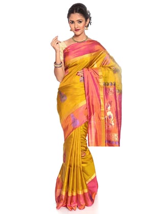 Dark Yellow Kanchipuram Silk Saree with Pink Pallu + Anna Pakshi Motifs